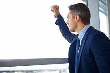 Image showing Thinking, management and idea with businessman at window for future, goal and vision mockup. Doubt, mental health and mindset with manager and decision for challenge, opportunity and mission