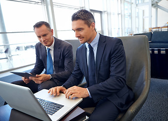 Image showing Laptop, planning and business people in corporate lounge review financial portfolio, stock market database or investment. Economy, tablet and trader team work on forex, bitcoin or nft trading