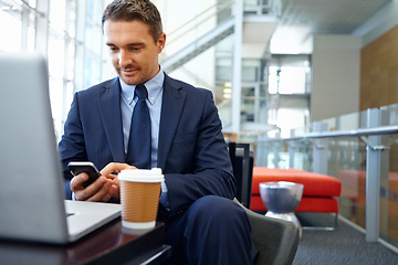 Image showing Businessman with smartphone, focus and company communication or social media with coffee while working. Contact, online and email with networking, b2b and worker in professional corporate lounge