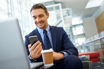 Image showing Ceo, smile and businessman, with smartphone for company communication or social media with coffee while working. Contact, online and email with networking and laptop in professional corporate lounge