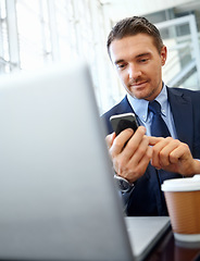 Image showing Businessman, smartphone and technology with networking with company communication or social media scroll. Contact, online and email, phone and typing with employee in professional corporate lounge