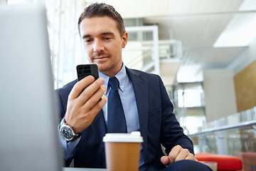 Image showing Message, corporate or business man with phone in office for communication, company research or website review. Manager, accountant or employee with tech for social network, internet or mobile app