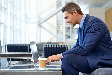 Image showing Proposal, email and businessman with a laptop for communication, networking and internet. Business, working and employee reading news, information and corporate chat on a computer with tea in office