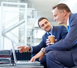 Image showing Lobby, laptop and businessman with corporate client negotiation, communication strategy and web planning. Professional business people with management partner reading online review of company budget