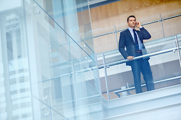 Image showing Corporate, travel or businessman on phone call for communication, networking or contact in office building. Company office, staircase or CEO with smartphone for discussion, speaking or conversation