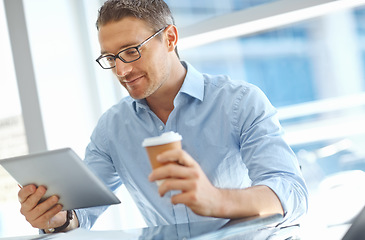 Image showing Research, corporate or business man with tablet planning a finance review at an airport lobby before travel while having coffee. CEO reading about trading, economy and stocks news on website or app