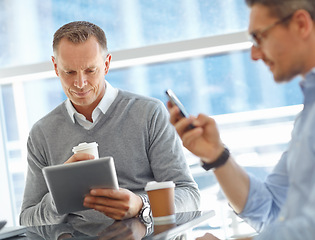 Image showing Tablet, corporate or business man thinking in airport lobby for invest strategy, finance growth or financial success. CEO, travel or manager on tech planning, social media or network blog networking