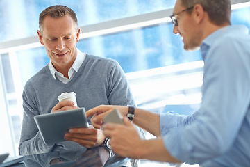 Image showing Teamwork, corporate man or business people with tablet for invest strategy, finance growth or financial review. Company meeting in office building planning, reading news or economy data research