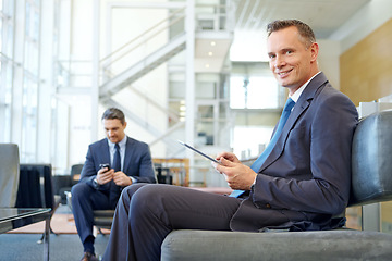 Image showing Happy, portrait or business man with tablet for invest strategy, finance growth or financial review. Travel, smile or employee in airport for collaboration, data analysis or economy data research