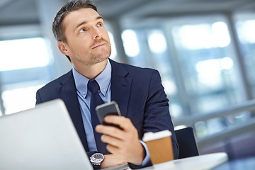 Image showing Thinking, phone or business man in hotel lounge for global invest strategy, finance growth or financial review. Idea, travel or manager in lobby for social media, data analysis or economy research