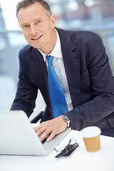 Image showing Portrait, corporate or business man with laptop for investment strategy, finance growth or financial review. Mature CEO, manager or happy worker in office building for corporate technology research