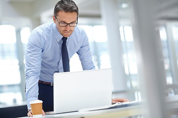 Image showing Office laptop, reading and business man doing review of financial portfolio, stock market database or investment. Economy, research and crypto trader working on forex, bitcoin mining or nft trading