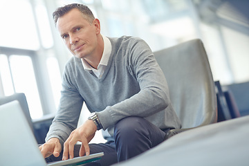 Image showing Airport lounge, portrait and business man typing review of financial portfolio, stock market database or investment. Economy, travel or crypto trader working on forex, bitcoin mining or nft trading