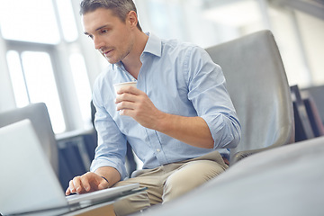 Image showing Laptop, corporate or business man with coffee for invest strategy, finance growth or financial success. CEO, tech or manager in airport lobby planning, data analysis or economy data analytics review