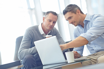 Image showing Laptop, review and businessman with client collaboration, teamwork and strategy for company finance. Corporate businessman with partner consulting, reading feedback on ideas for website, budget quote