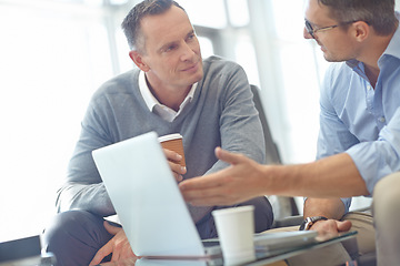 Image showing Research, corporate or businessman with laptop for invest strategy, finance growth or financial review. CEO, teamwork or manager in office building planning, data analysis or economy data meeting