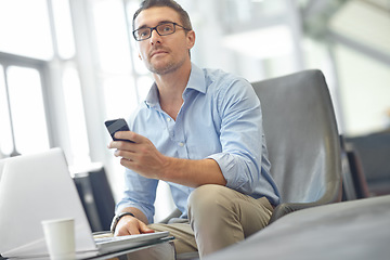 Image showing Idea, accountant or business man with phone in airport for invest strategy, finance growth or financial review. CEO or travel manager on smartphone planning, thinking or investment research