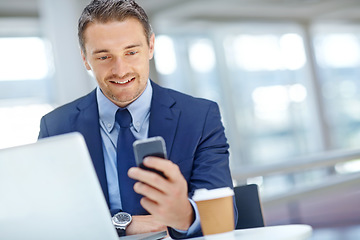 Image showing Happy, corporate or businessman with phone for success invest strategy, finance growth or financial review. Website, smile or manager in office for social media, data analysis or economy research