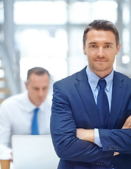 Image showing Office, manager and portrait of business man leadership, mentor or CEO working in trading, stock market or investment agency. Finance economy broker, male worker and confident trader employee