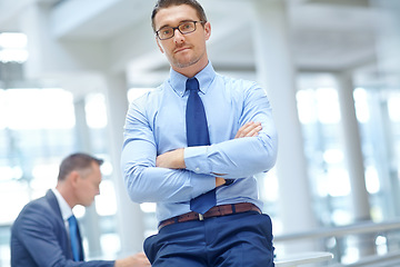 Image showing Portrait, mission and mindset with a business man in his office standing arms crossed in a confident pose. Growth, vision and management with a male employee at work for future success in corporate