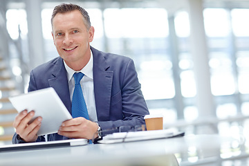 Image showing Happy, corporate or business man with tablet for invest strategy, finance growth or financial success. CEO, tech or manager in office building planning, data analysis or economy technology review