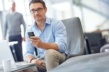 Image showing Portrait, corporate and businessman on phone in airport for networking, communication and flight travel check. Mature worker, employee and corporate person on mobile technology in business lounge