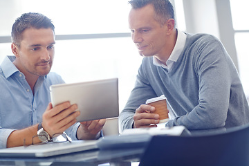 Image showing Corporate, tablet or male business people in meeting for invest strategy, finance growth or financial review. Teamwork, planning and data analysis or digital economy data research search