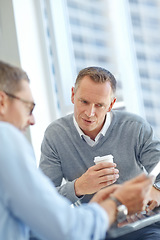 Image showing Teamwork, planning and business people with tablet for company growth, talking and financial review. Research, coffee or corporate employee men in office for collaboration on digital technology