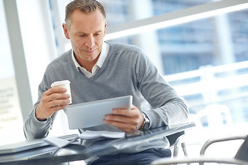 Image showing Thinking, corporate or business man with tablet in office for communication, social networking or content blog review. Coffee, research or manager with tech for social media, mobile app or web search