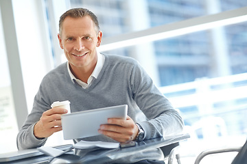 Image showing Happy, corporate or businessman with tablet for investment research, finance or financial growth review. Mature ceo, manager or leader with technology for office planning, management or accounting