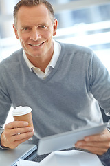 Image showing Businessman, portrait and tablet in coffee break for company management, planning and research. Smile, happy and mature ceo, manager or boss with digital technology, takeaway cup and tea in office