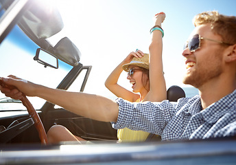 Image showing Travel, car road trip and profile couple on bonding holiday adventure, transportation journey or fun summer vacation. Love flare, convertible automobile and happy driver driving on Canada countryside