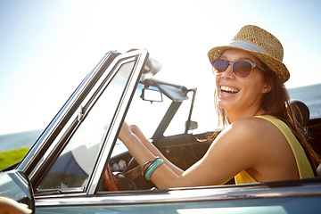 Image showing Travel, road trip and woman in car for holiday, summer adventure and freedom on vacation by ocean. Travelling lifestyle, happiness and girl driving in motor vehicle for relaxing, break and journey