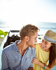 Image showing Road trip car park, beach and travel couple on holiday love adventure, transportation journey or fun summer vacation. Ocean sea mockup, relax driver or driving people bonding in Australia countryside