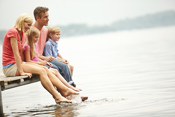 Image showing Water, lake and holiday with family with foot in water for lifestyle with mockup during summer. Kids, child and happy at river for adventure and space for vacation with sunshine for love and travel.