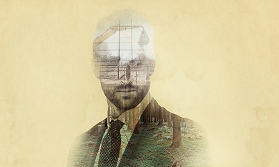 Image showing Business man, city development double exposure and thinking employee with art deco overlay. Corporate, old school and professional worker with ideas of person with skyline and black and white effect