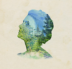 Image showing Woman, face and double exposure with nature, forest or ideas for adventure, sustainability and mountains. Girl, brainstorming and vision with holographic overlay with trees, creativity or countryside