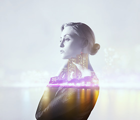 Image showing Woman, city and night with double exposure, vision and fashion for fancy event, water and freedom. Girl, thinking and holographic overlay with buildings, skyline and bokeh light by urban cityscape