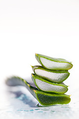 Image showing Beauty, water and aloe vera plant on a white background for natural treatment, wellness and skincare products. Spa aesthetic, advertising and leaf in studio for organic, healthy and herbal ingredient