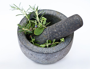 Image showing Cooking, plant mortar and pestle for herbs in studio isolated on a white background. Vegetables, food and equipment for crushing leaf, plants or spices in bowl for seasoning, flavor and healthy diet.