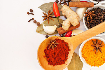 Image showing Powder, table top and food spices in studio isolated on white background mock up. Turmeric seasoning, kitchen cooking and variety of leaf herbs in bowls for brunch, healthy diet and paprika in spoon.