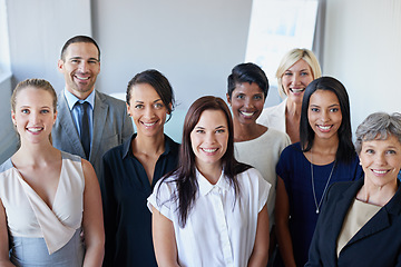 Image showing Business people, teamwork and portrait for office leadership, career management and diversity in workplace or company. Smile on faces of employees, women or men together for group, team and mindset