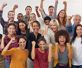 Image showing Winning, portrait and group of people fist pump for power, celebration and hands in solidarity and diversity. Community, success and excited business women and men cheers, celebrate and yes together