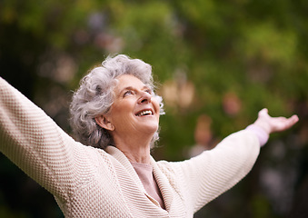 Image showing Senior woman, happiness and open arms to enjoy outdoors, nature or garden in financial freedom, success or life achievement. Retired lady, healthy or smiling pensioner stretching in retirement joy