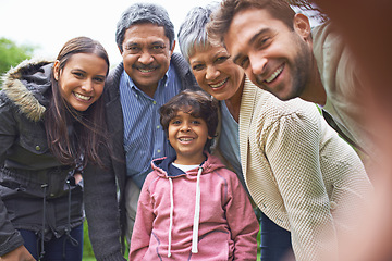 Image showing Selfie, nature and portrait of happy big family faces on an outdoor adventure and travel together. Love, smile and boy child taking picture with his grandparents and parents on holiday or vacation.