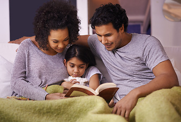 Image showing Family, child and reading a book together in a home for story time on a lounge sofa with a smile. A woman, man or parents and girl kid for development, learning and love with a fantasy or fairytale