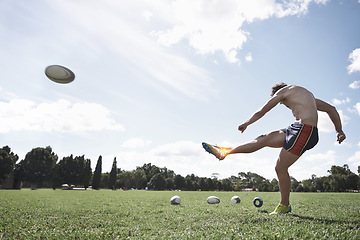 Image showing Rugby, man and ankle pain, injury on field with fitness and train for game, kicking ball and overlay. Male athlete with sports accident, health emergency and skeleton with inflammation and exercise