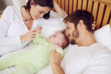 Image showing Top view of mother, father and baby in bedroom for love, care and quality time together at home. Happy parents, family and newborn kid relax on bed with support, childhood development and nurture