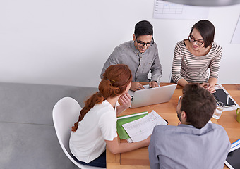 Image showing Team of creative people in business meeting with collaboration, project planning and top view. Brainstorming, teamwork and strategy discussion in workplace, young men and women working together