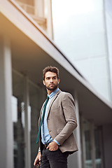 Image showing Young, businessman and in urban city fashion near corporate company thinking about career path. Professional, man and model formal style for workplace at buildings with staff as manager downtown.